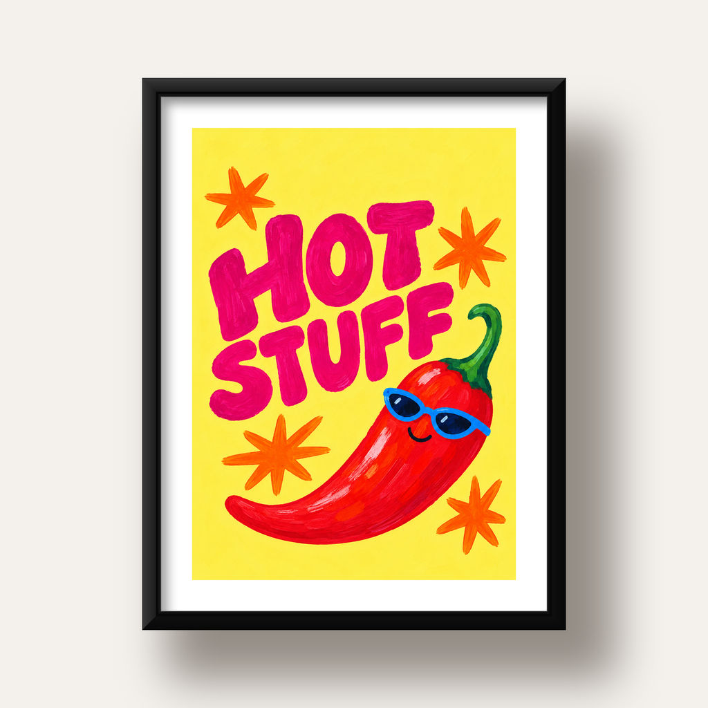 Hot Stuff Gözlüklü Biber Poster – Renkli ve Eğlenceli Duvar Dekoru — siyah derin çerçeveli paspartulu