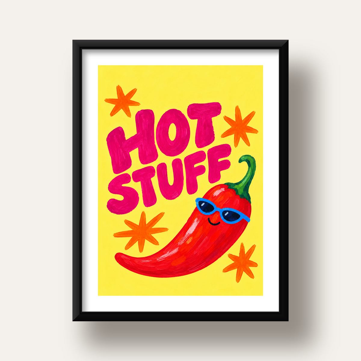 Hot Stuff Gözlüklü Biber Poster – Renkli ve Eğlenceli Duvar Dekoru — siyah derin çerçeveli paspartulu