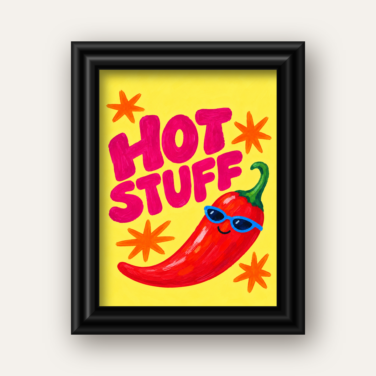 Hot Stuff Gözlüklü Biber Poster – Renkli ve Eğlenceli Duvar Dekoru — siyah galeri çerçeveli