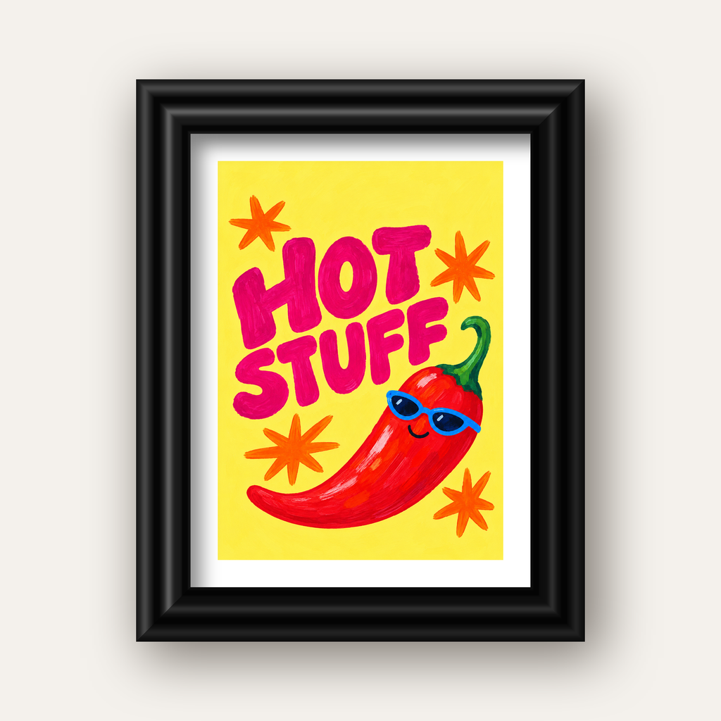 Hot Stuff Gözlüklü Biber Poster – Renkli ve Eğlenceli Duvar Dekoru — siyah galeri çerçeveli paspartulu