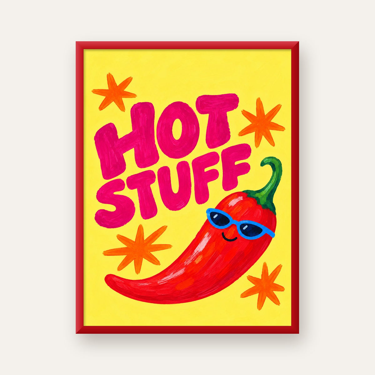 Hot Stuff Gözlüklü Biber Poster – Renkli ve Eğlenceli Duvar Dekoru — kırmızı çerçeveli