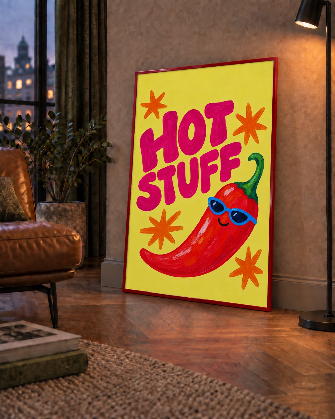 Hot Stuff Gözlüklü Biber Poster – Renkli ve Eğlenceli Duvar Dekoru — çerçeveli hâliyle bir ev duvarında