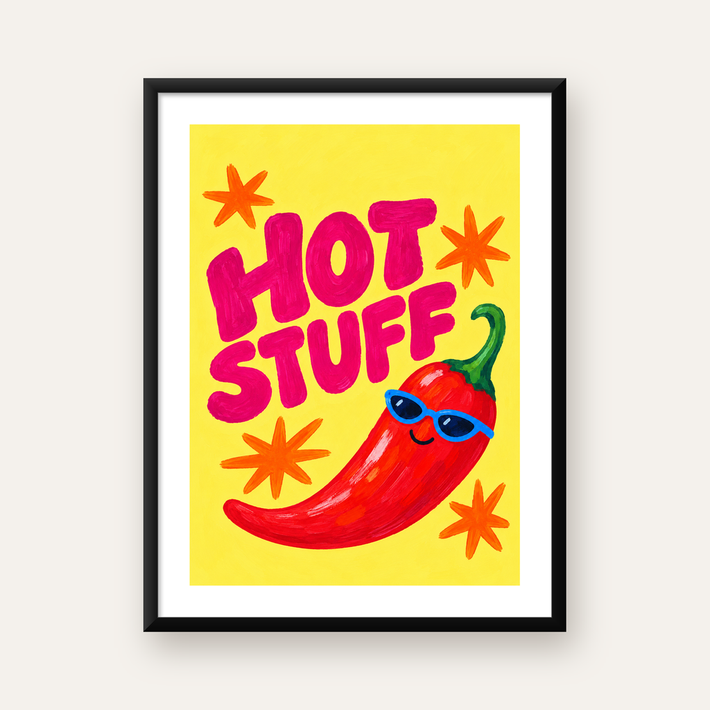 Hot Stuff Gözlüklü Biber Poster – Renkli ve Eğlenceli Duvar Dekoru — Dikey baskı, beyaz paspartulu