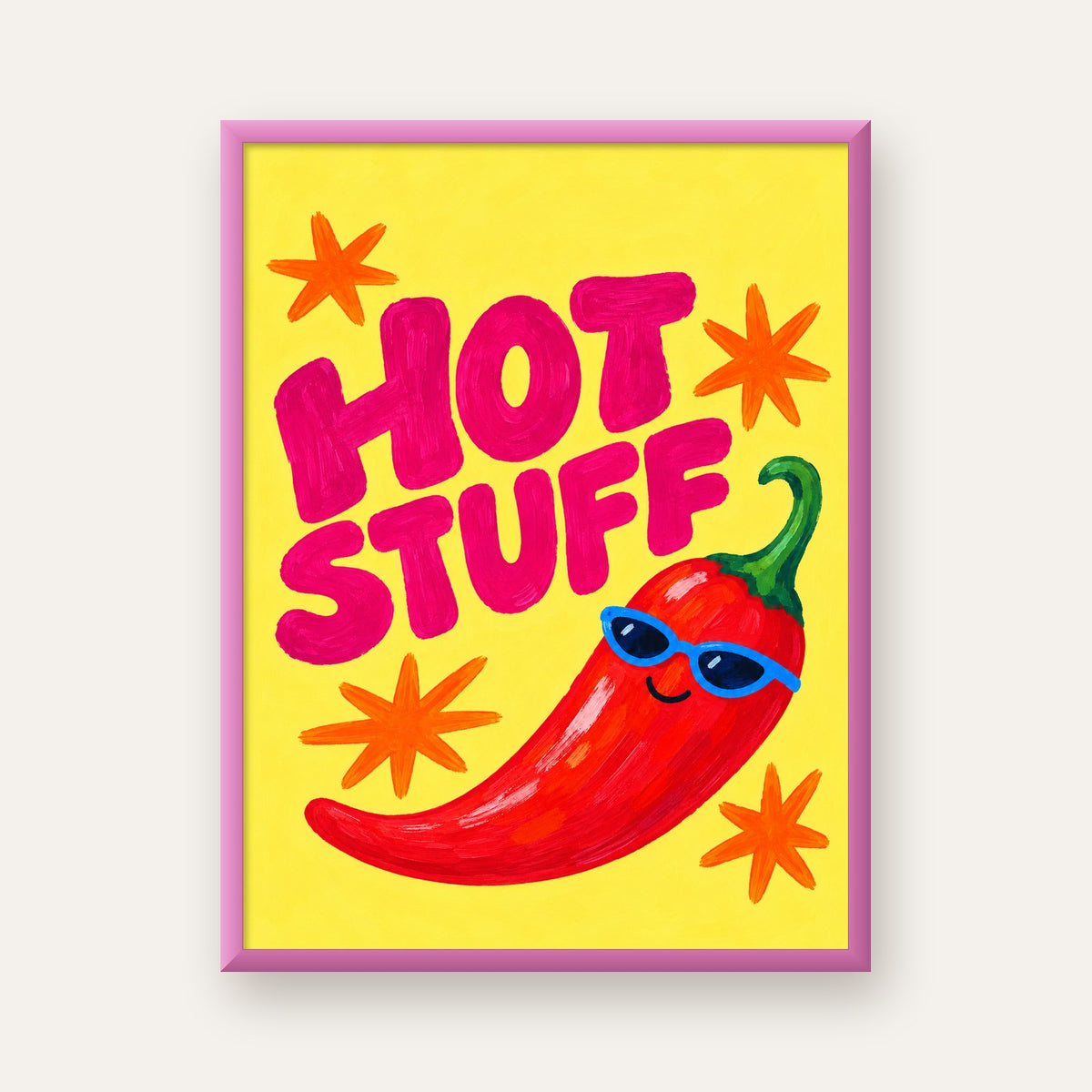 Hot Stuff Gözlüklü Biber Poster – Renkli ve Eğlenceli Duvar Dekoru — pembe çerçeveli