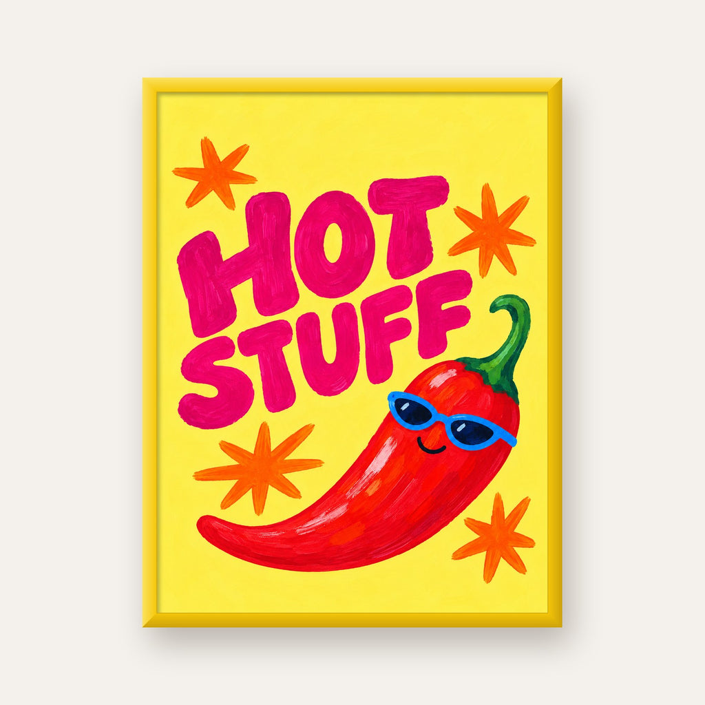 Hot Stuff Gözlüklü Biber Poster – Renkli ve Eğlenceli Duvar Dekoru — sarı çerçeveli