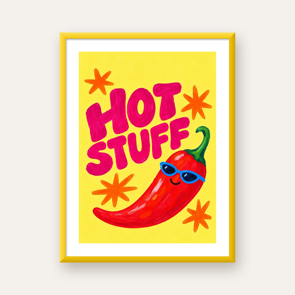 Hot Stuff Gözlüklü Biber Poster – Renkli ve Eğlenceli Duvar Dekoru — sarı çerçeveli paspartulu