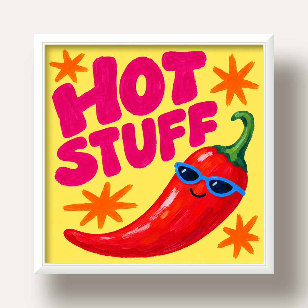 Hot Stuff Gözlüklü Biber Poster – Renkli ve Eğlenceli Duvar Dekoru — beyaz derin çerçeveli