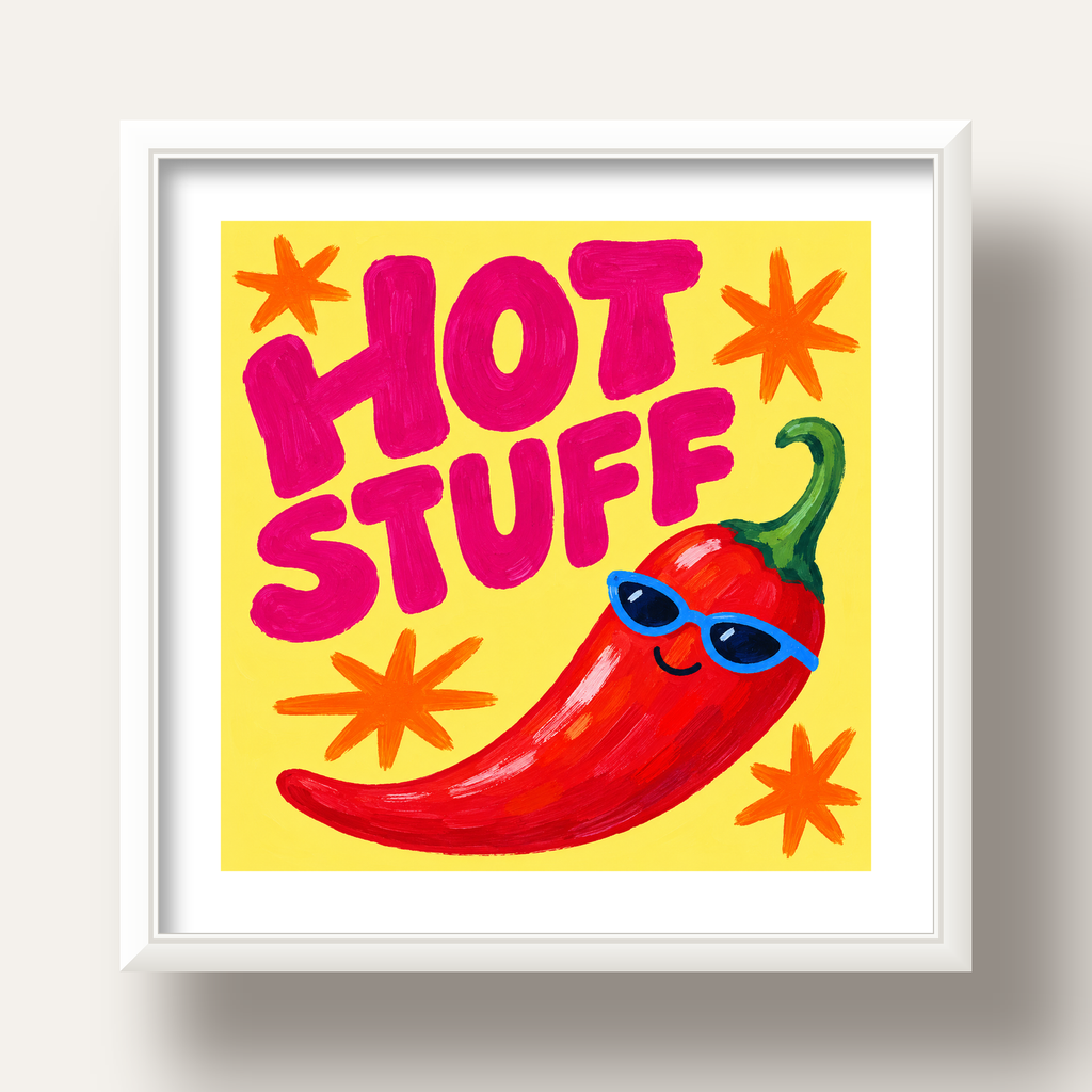 Hot Stuff Gözlüklü Biber Poster – Renkli ve Eğlenceli Duvar Dekoru — beyaz derin çerçeveli paspartulu