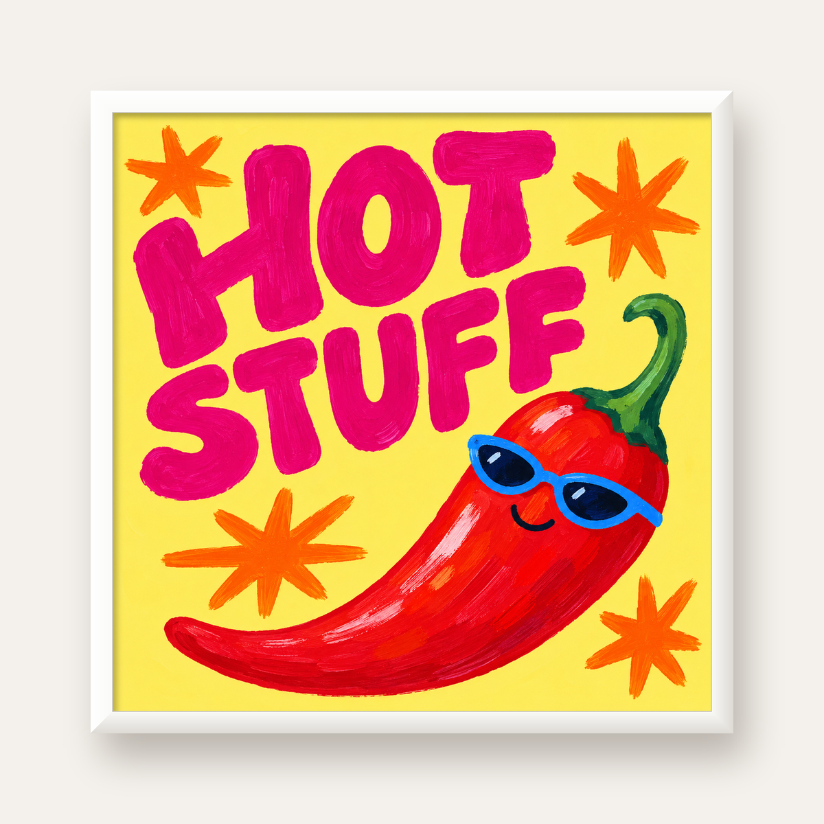 Hot Stuff Gözlüklü Biber Poster – Renkli ve Eğlenceli Duvar Dekoru — beyaz çerçeveli kare poster