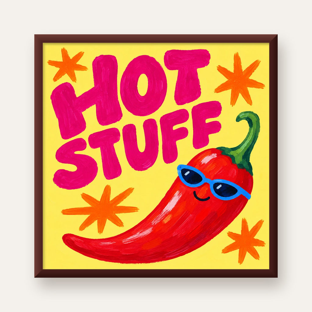 Hot Stuff Gözlüklü Biber Poster – Renkli ve Eğlenceli Duvar Dekoru — ceviz çerçeveli