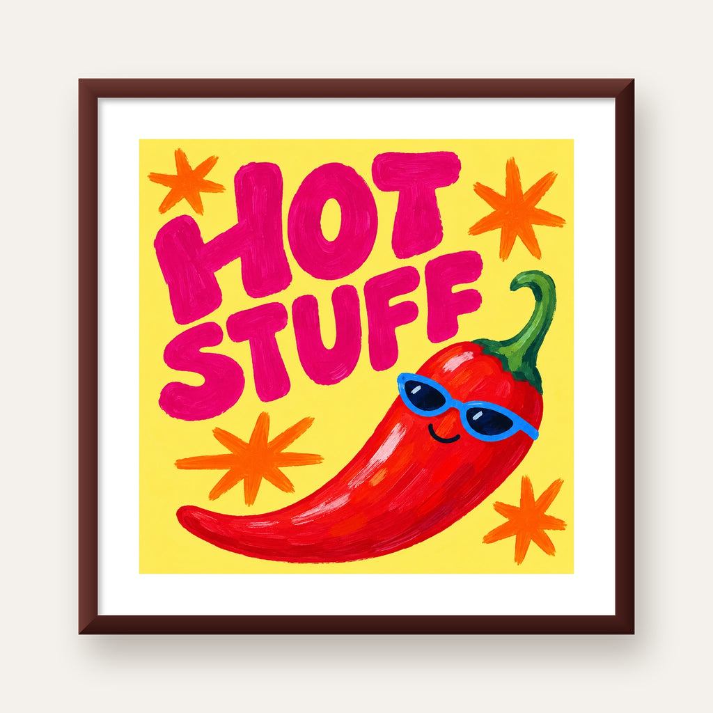 Hot Stuff Gözlüklü Biber Poster – Renkli ve Eğlenceli Duvar Dekoru — ceviz çerçeveli paspartulu