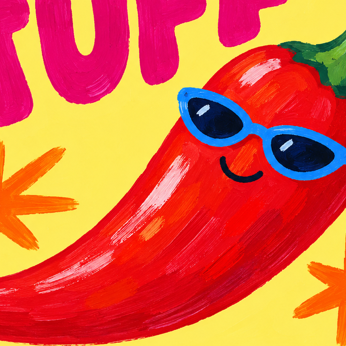 Hot Stuff Gözlüklü Biber Poster – Renkli ve Eğlenceli Duvar Dekoru — baskının yakın çekimi, kâğıt dokusu ve renk detayı