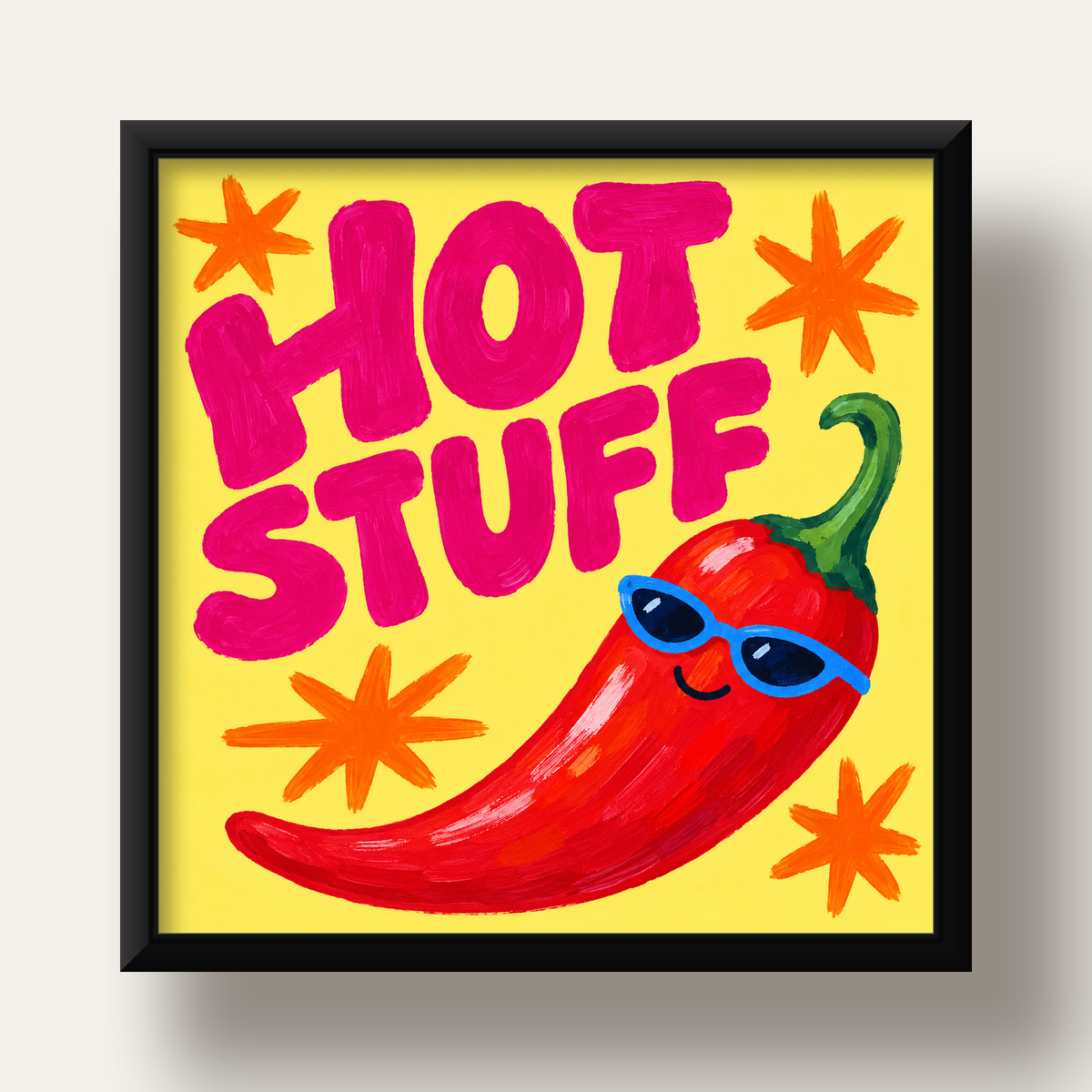 Hot Stuff Gözlüklü Biber Poster – Renkli ve Eğlenceli Duvar Dekoru — siyah derin çerçeveli