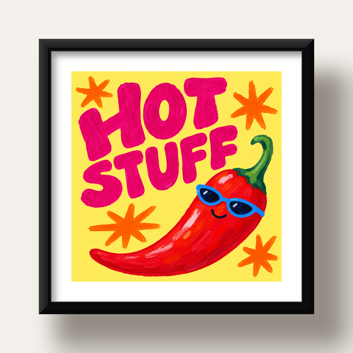 Hot Stuff Gözlüklü Biber Poster – Renkli ve Eğlenceli Duvar Dekoru — siyah derin çerçeveli paspartulu