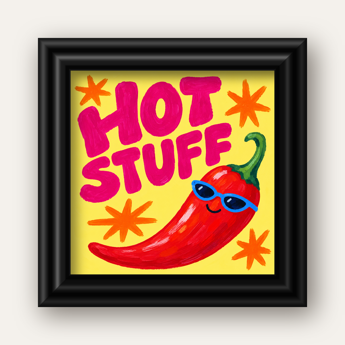 Hot Stuff Gözlüklü Biber Poster – Renkli ve Eğlenceli Duvar Dekoru — siyah galeri çerçeveli