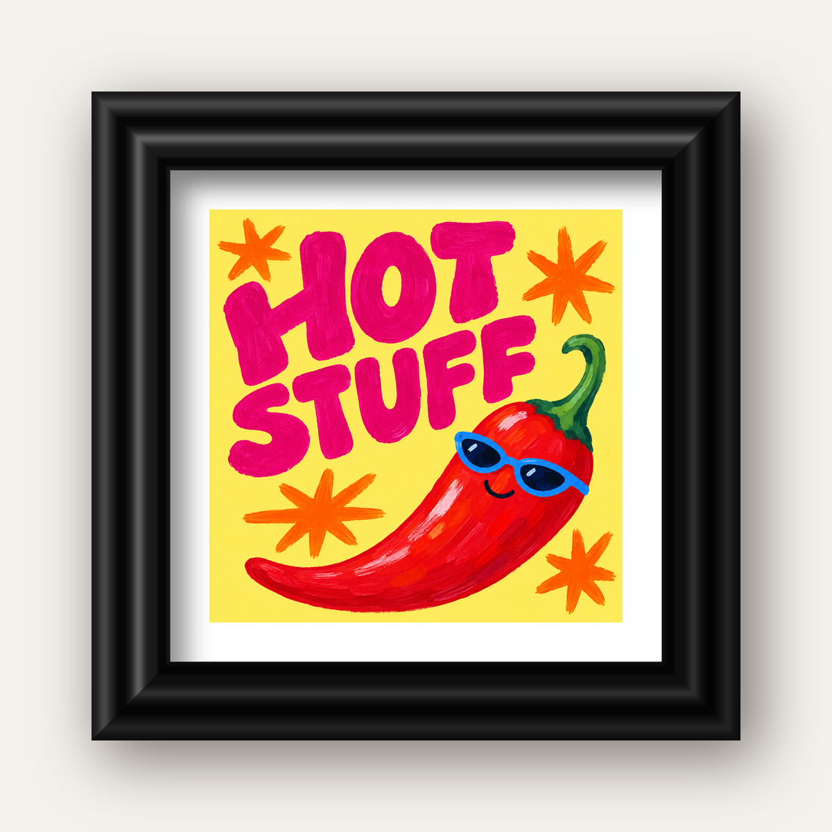 Hot Stuff Gözlüklü Biber Poster – Renkli ve Eğlenceli Duvar Dekoru — siyah galeri çerçeveli paspartulu