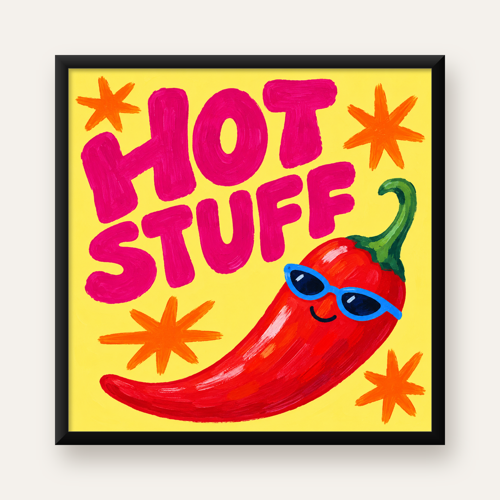 Hot Stuff Gözlüklü Biber Poster – Renkli ve Eğlenceli Duvar Dekoru — Kare baskı, düz siyah çerçeveli duvar posteri