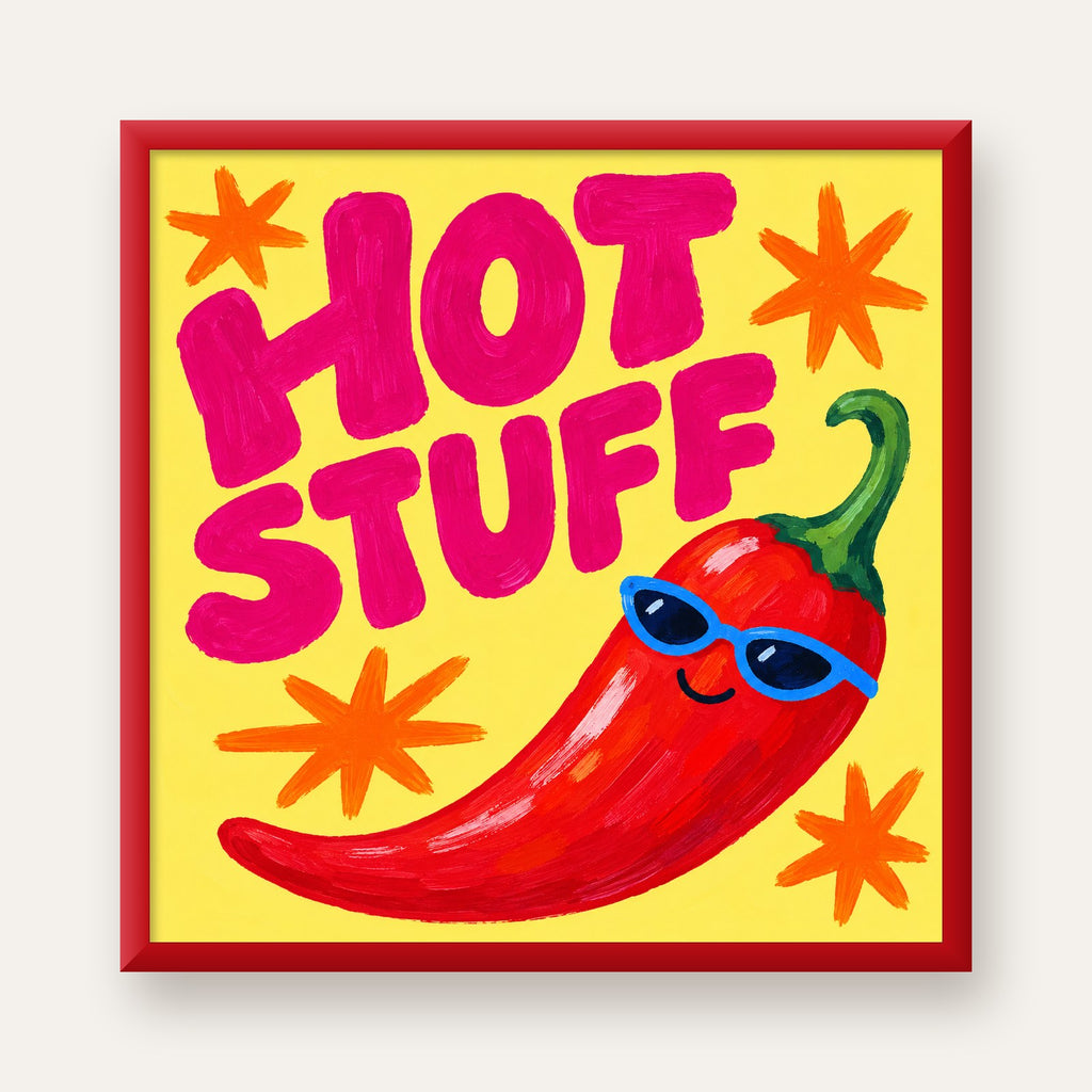 Hot Stuff Gözlüklü Biber Poster – Renkli ve Eğlenceli Duvar Dekoru — kırmızı çerçeveli
