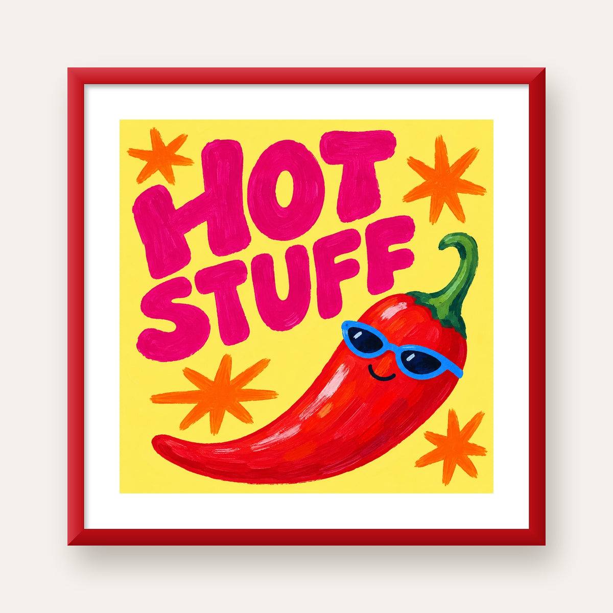 Hot Stuff Gözlüklü Biber Poster – Renkli ve Eğlenceli Duvar Dekoru — kırmızı çerçeveli paspartulu