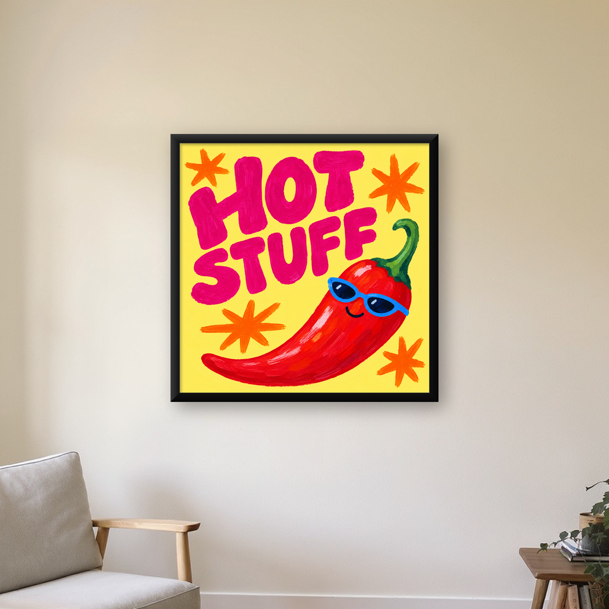 Hot Stuff Gözlüklü Biber Poster – Renkli ve Eğlenceli Duvar Dekoru — Kare baskı, çerçeveli hâliyle bir ev duvarında