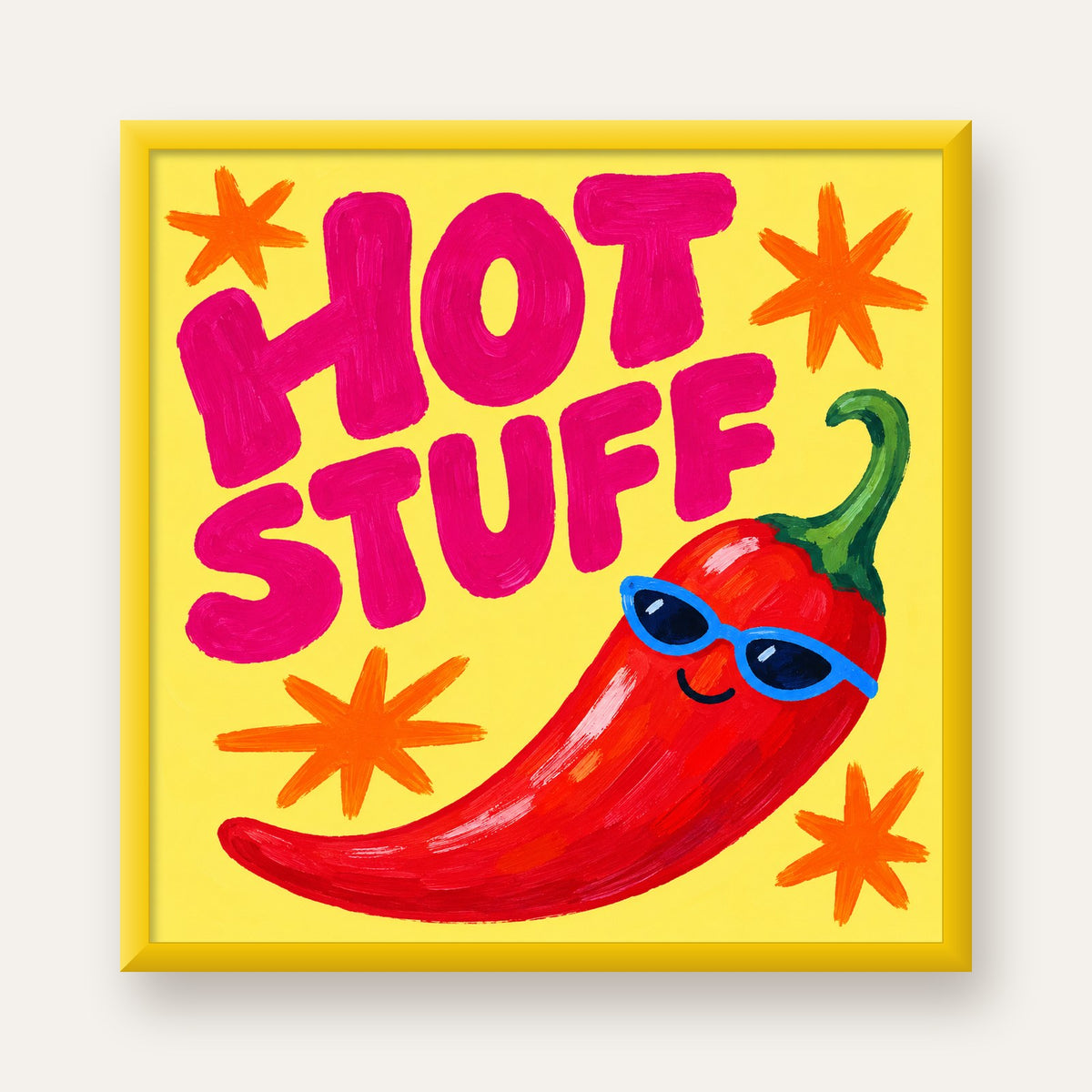 Hot Stuff Gözlüklü Biber Poster – Renkli ve Eğlenceli Duvar Dekoru — sarı çerçeveli
