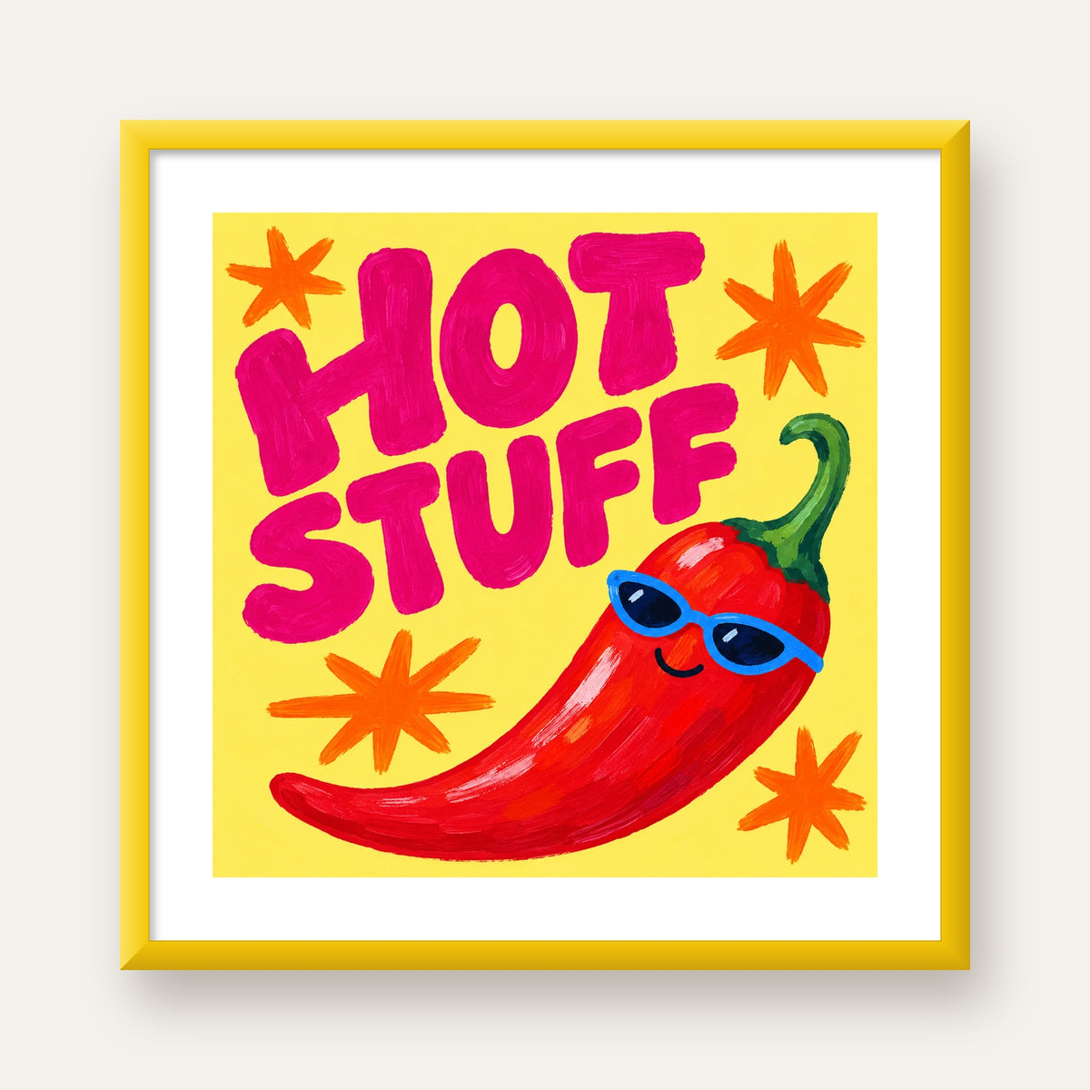 Hot Stuff Gözlüklü Biber Poster – Renkli ve Eğlenceli Duvar Dekoru — sarı çerçeveli paspartulu