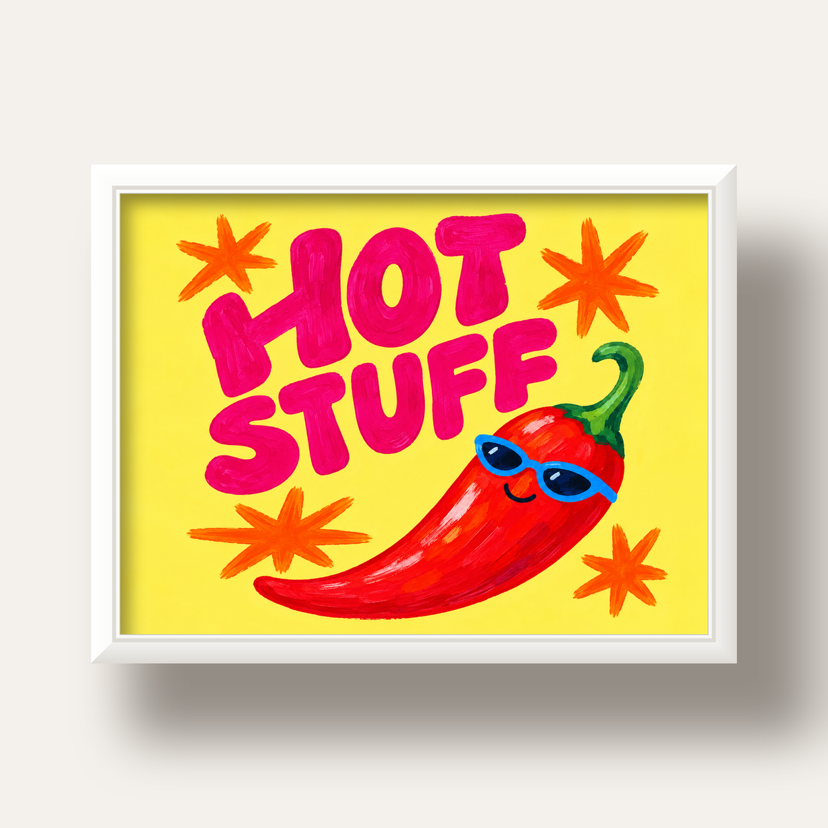 Hot Stuff Gözlüklü Biber Poster – Renkli ve Eğlenceli Duvar Dekoru — beyaz derin çerçeveli