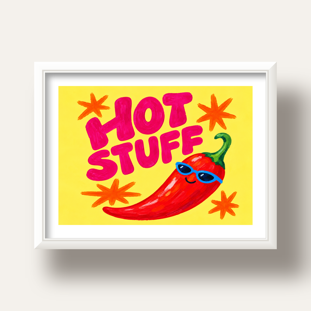 Hot Stuff Gözlüklü Biber Poster – Renkli ve Eğlenceli Duvar Dekoru — beyaz derin çerçeveli paspartulu