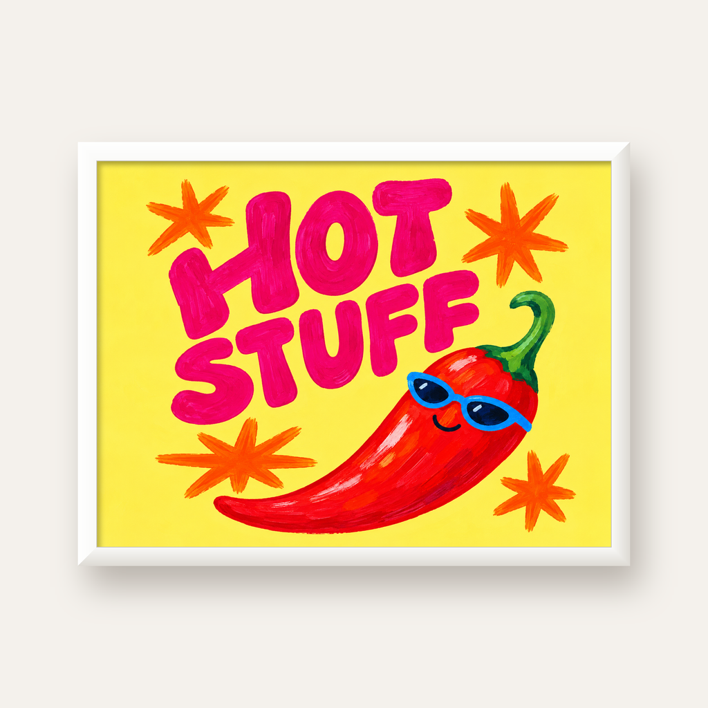 Hot Stuff Gözlüklü Biber Poster – Renkli ve Eğlenceli Duvar Dekoru — beyaz çerçeveli yatay poster