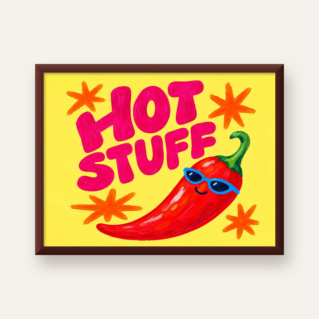 Hot Stuff Gözlüklü Biber Poster – Renkli ve Eğlenceli Duvar Dekoru — ceviz çerçeveli