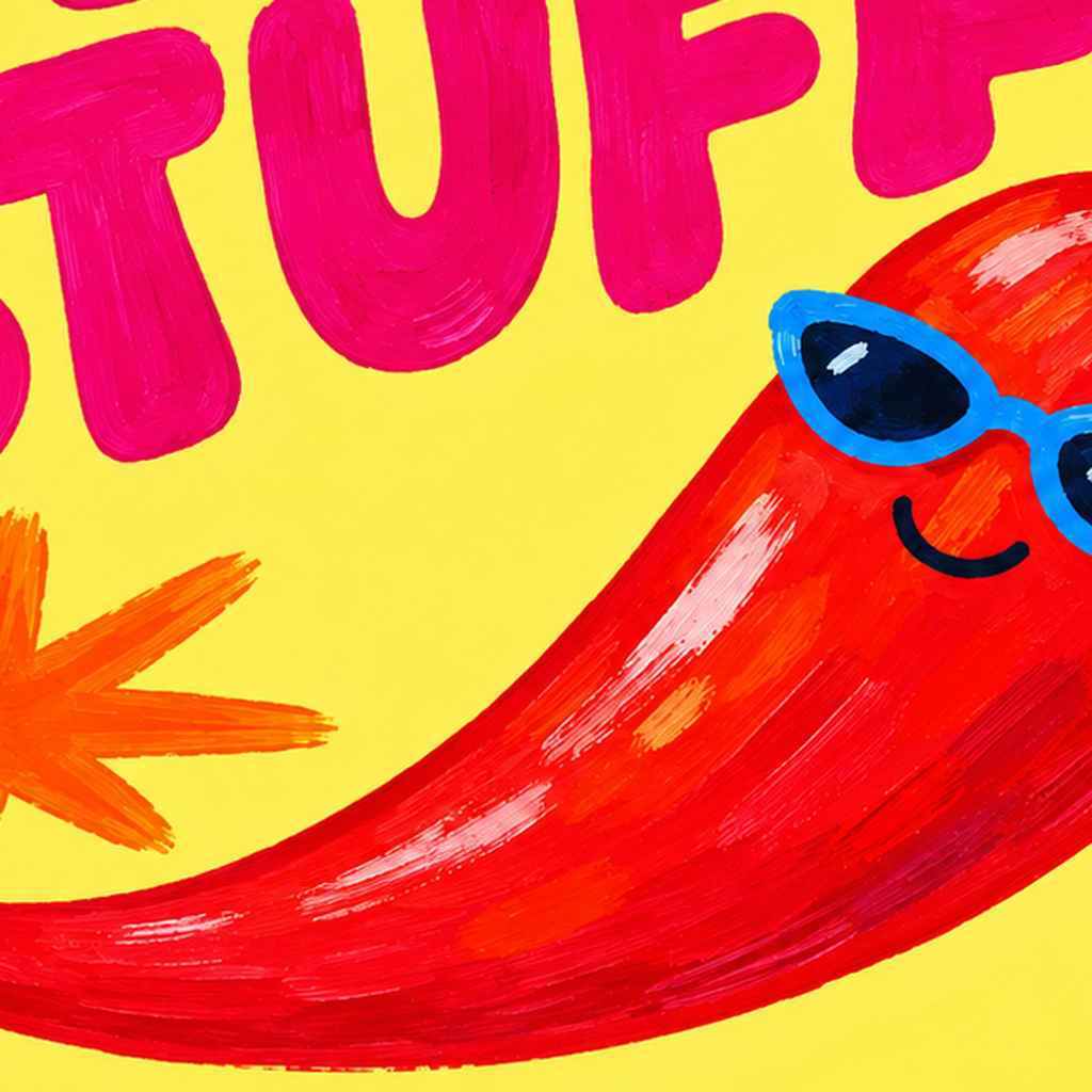 Hot Stuff Gözlüklü Biber Poster – Renkli ve Eğlenceli Duvar Dekoru — baskının yakın çekimi, kâğıt dokusu ve renk detayı