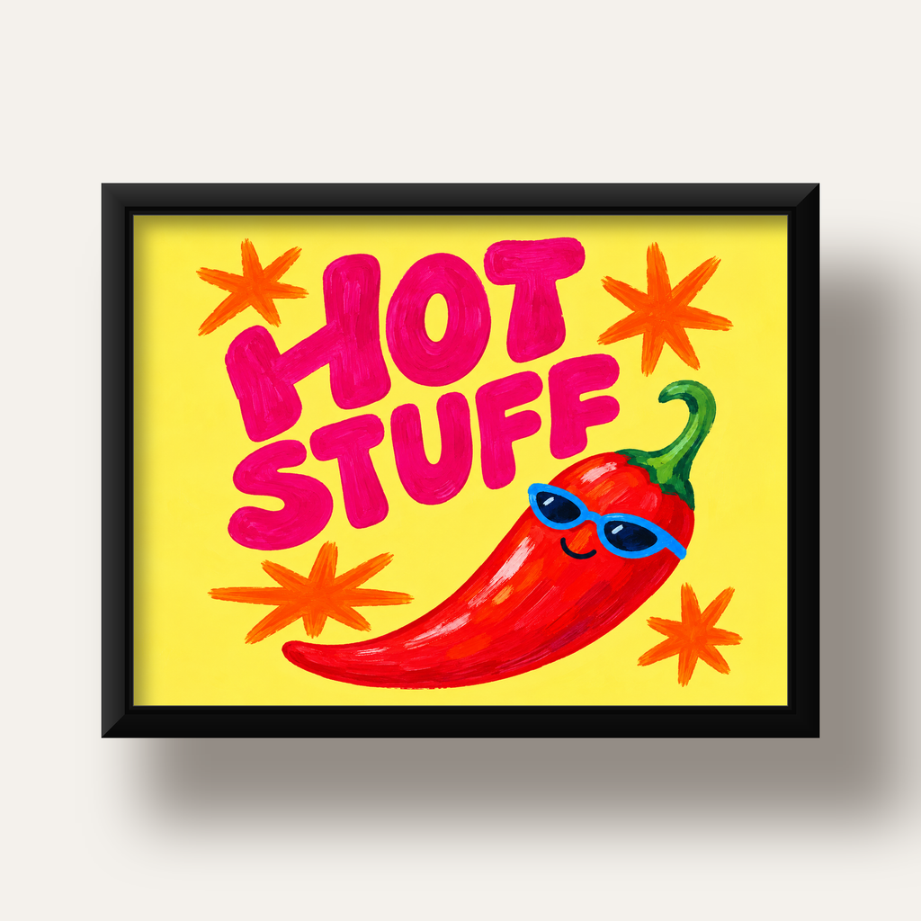Hot Stuff Gözlüklü Biber Poster – Renkli ve Eğlenceli Duvar Dekoru — siyah derin çerçeveli