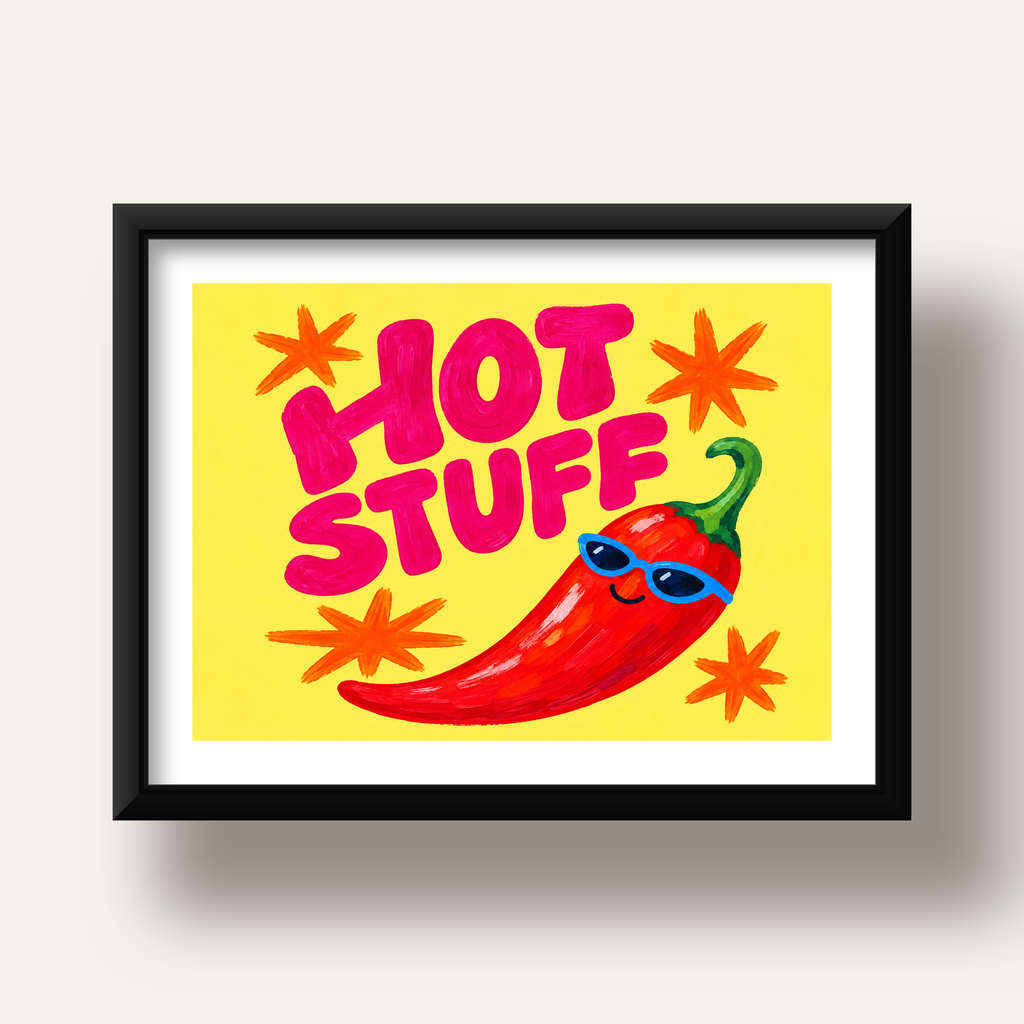 Hot Stuff Gözlüklü Biber Poster – Renkli ve Eğlenceli Duvar Dekoru — siyah derin çerçeveli paspartulu