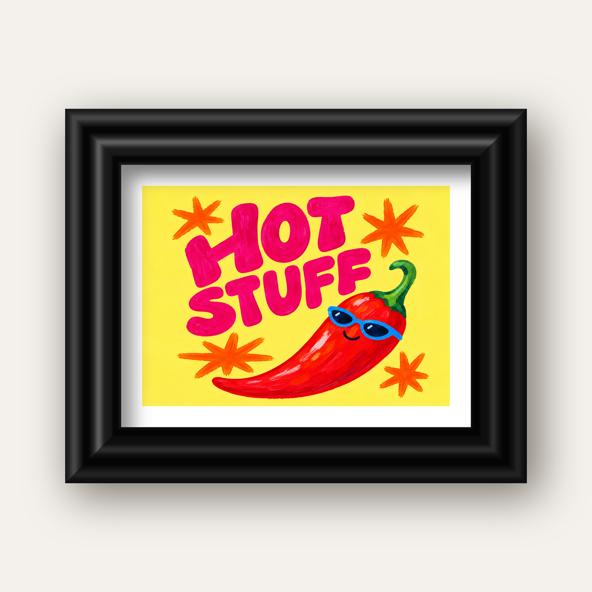 Hot Stuff Gözlüklü Biber Poster – Renkli ve Eğlenceli Duvar Dekoru — siyah galeri çerçeveli paspartulu