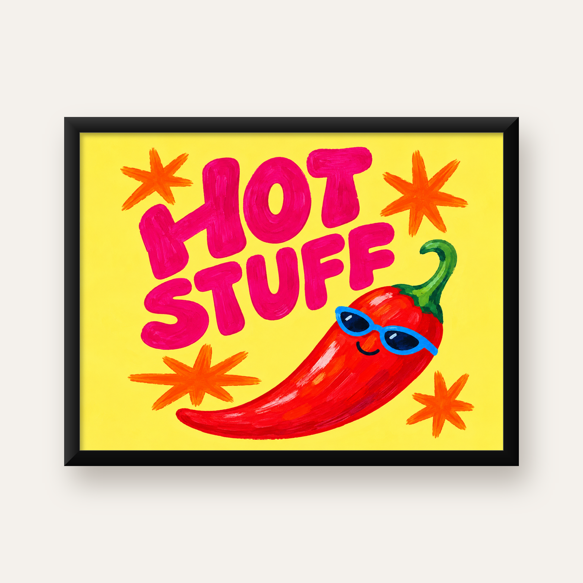 Hot Stuff Gözlüklü Biber Poster – Renkli ve Eğlenceli Duvar Dekoru — Yatay baskı, düz siyah çerçeveli duvar posteri