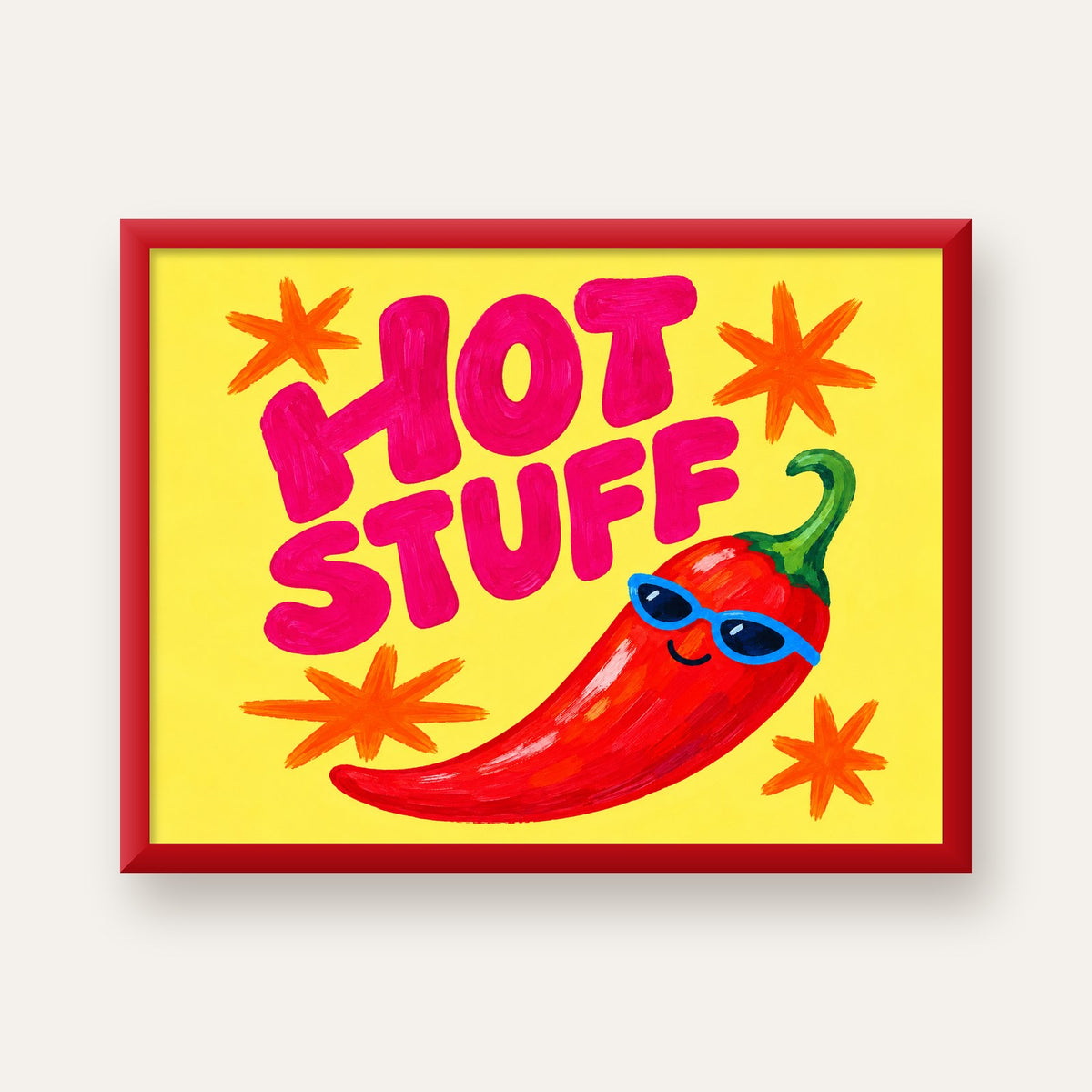 Hot Stuff Gözlüklü Biber Poster – Renkli ve Eğlenceli Duvar Dekoru — kırmızı çerçeveli