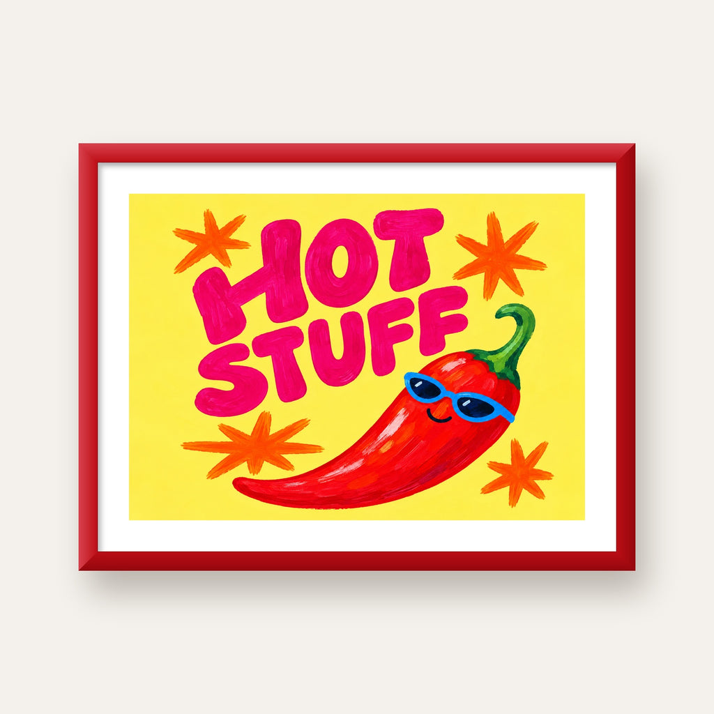 Hot Stuff Gözlüklü Biber Poster – Renkli ve Eğlenceli Duvar Dekoru — kırmızı çerçeveli paspartulu