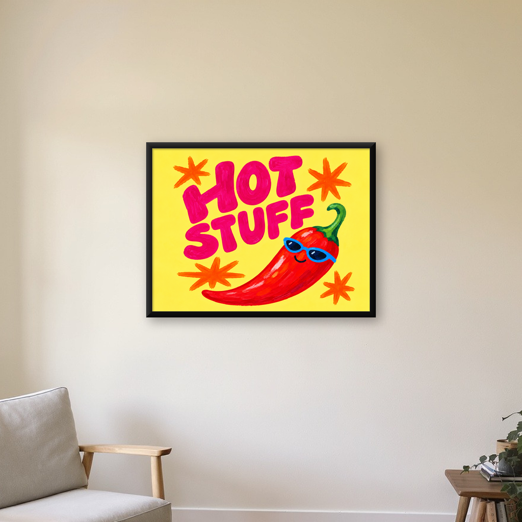 Hot Stuff Gözlüklü Biber Poster – Renkli ve Eğlenceli Duvar Dekoru — Yatay baskı, çerçeveli hâliyle bir ev duvarında