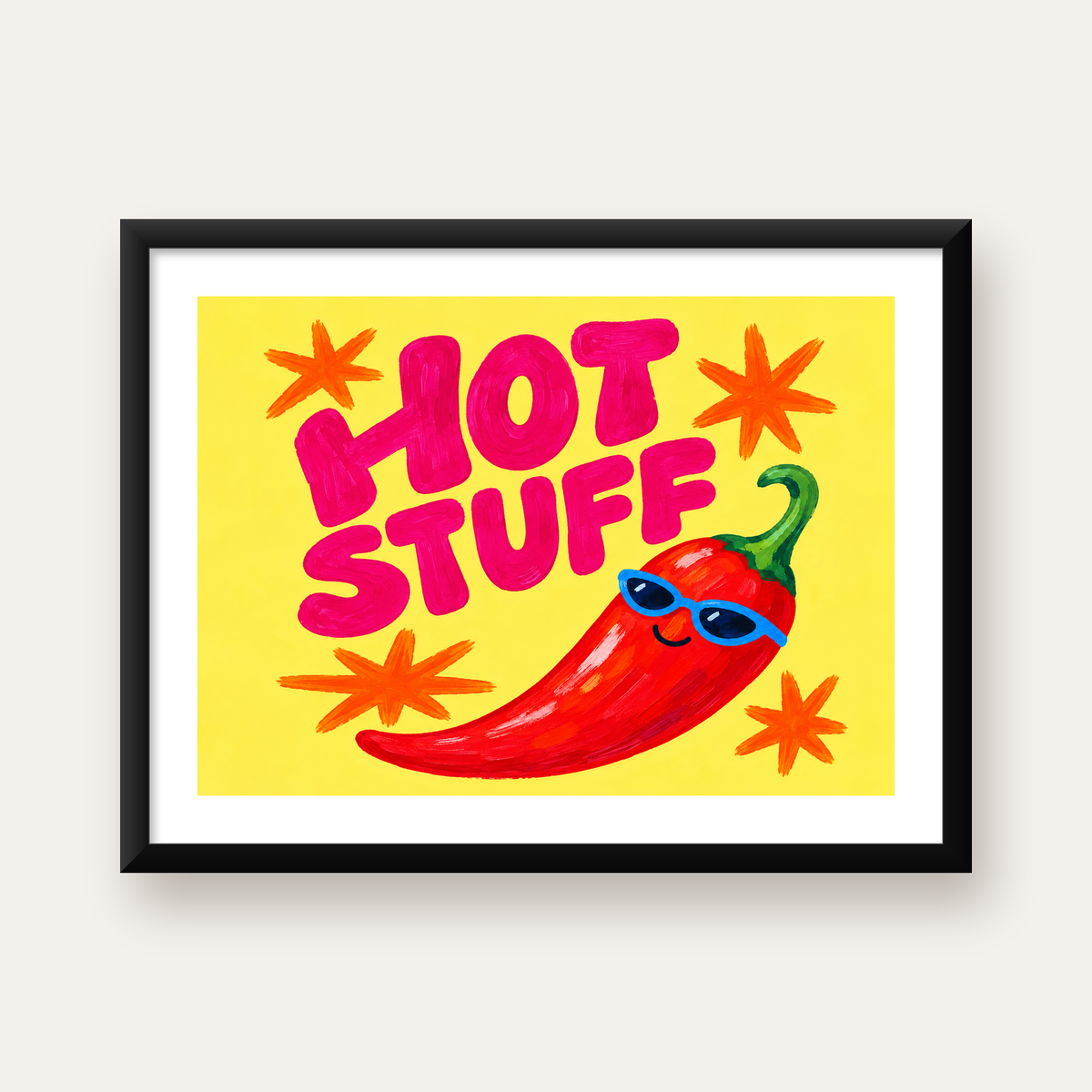 Hot Stuff Gözlüklü Biber Poster – Renkli ve Eğlenceli Duvar Dekoru — Yatay baskı, beyaz paspartulu