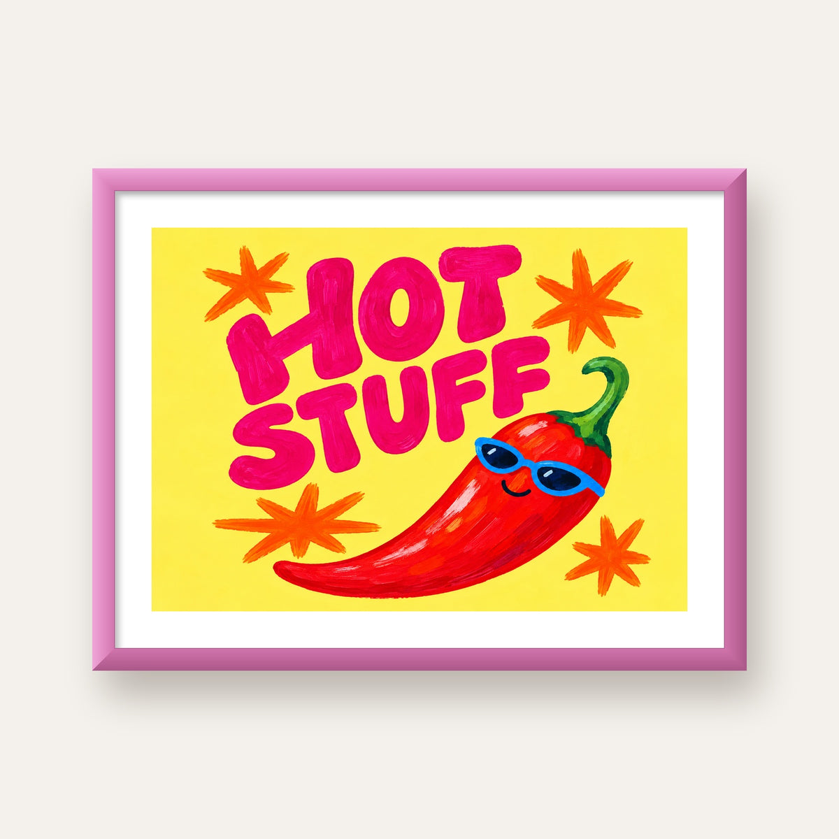 Hot Stuff Gözlüklü Biber Poster – Renkli ve Eğlenceli Duvar Dekoru — pembe çerçeveli paspartulu