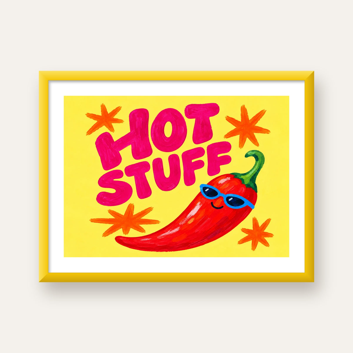 Hot Stuff Gözlüklü Biber Poster – Renkli ve Eğlenceli Duvar Dekoru — sarı çerçeveli paspartulu