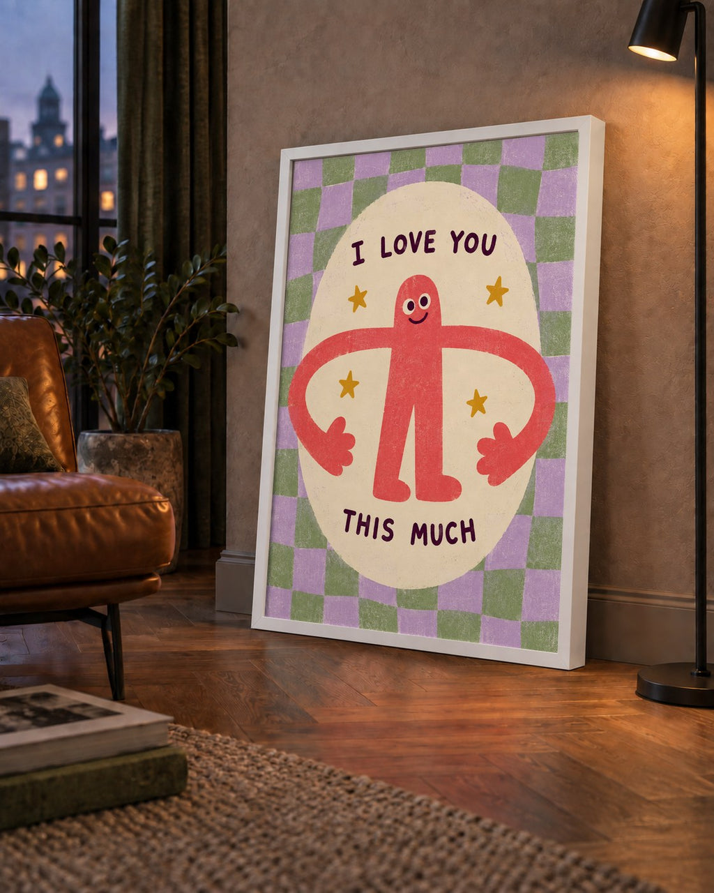 Sevimli Karakterli 'I Love You This Much' Pastel Poster — çerçeveli hâliyle bir ev duvarında