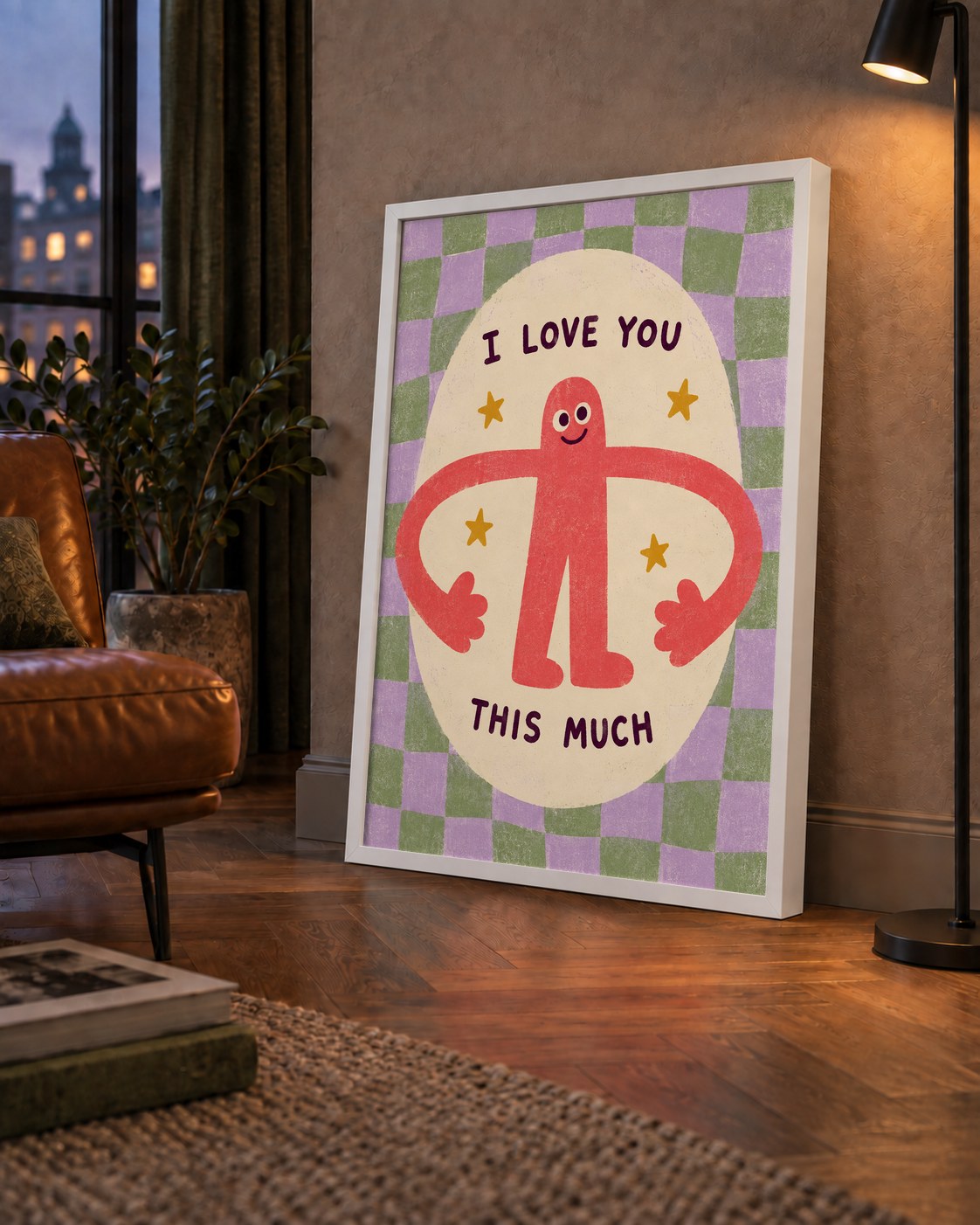 Sevimli Karakterli 'I Love You This Much' Pastel Poster — çerçeveli hâliyle bir ev duvarında