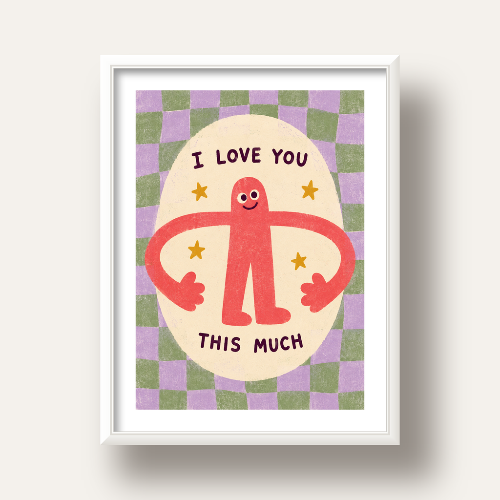 Sevimli Karakterli 'I Love You This Much' Pastel Poster — beyaz derin çerçeveli paspartulu
