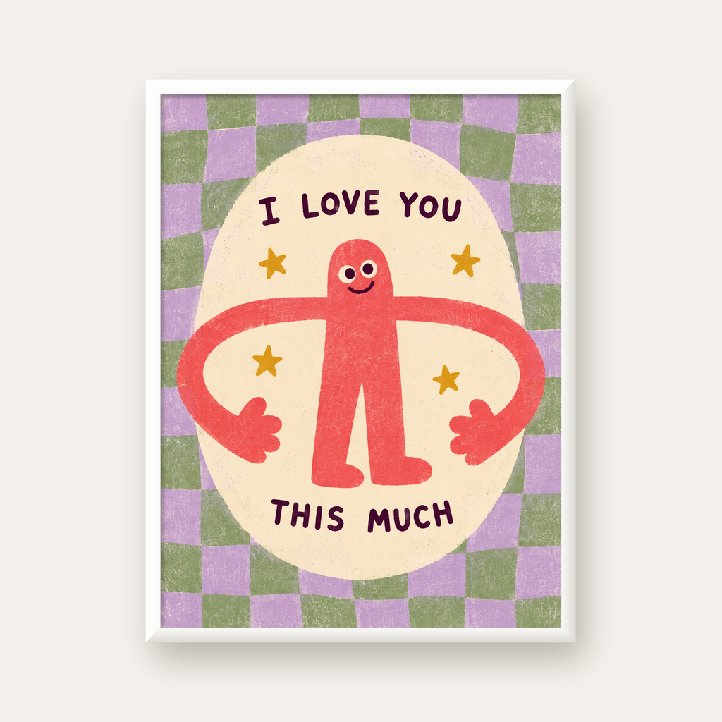Sevimli Karakterli 'I Love You This Much' Pastel Poster — beyaz çerçeveli dikey poster