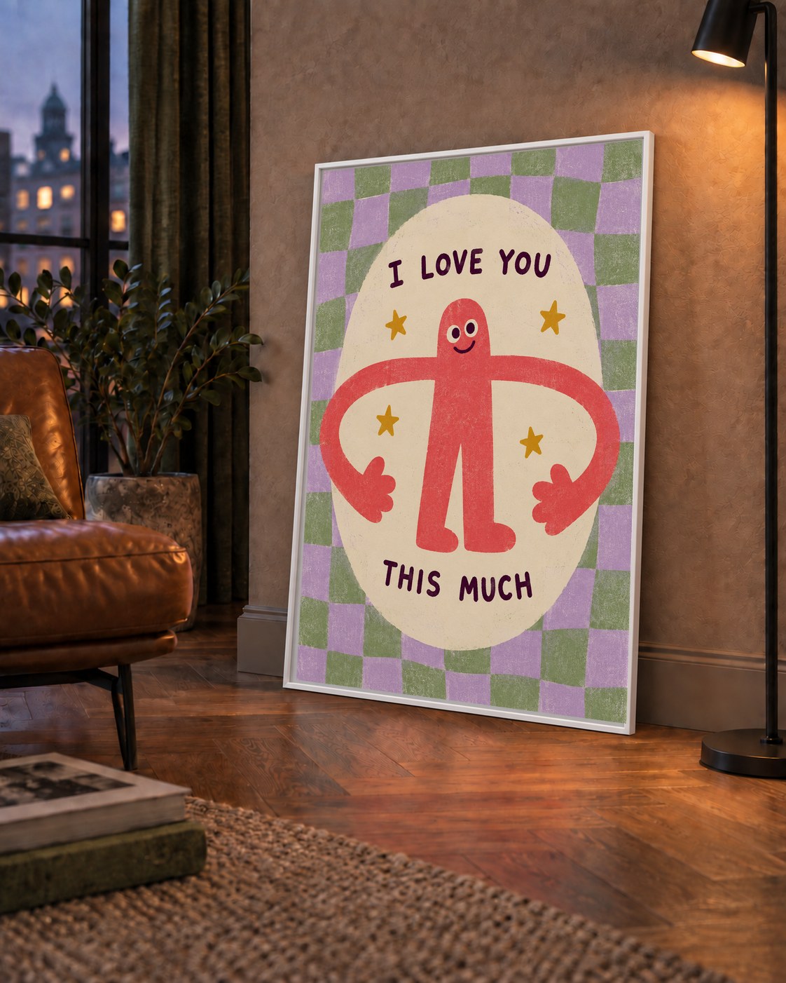 Sevimli Karakterli 'I Love You This Much' Pastel Poster — çerçeveli hâliyle bir ev duvarında