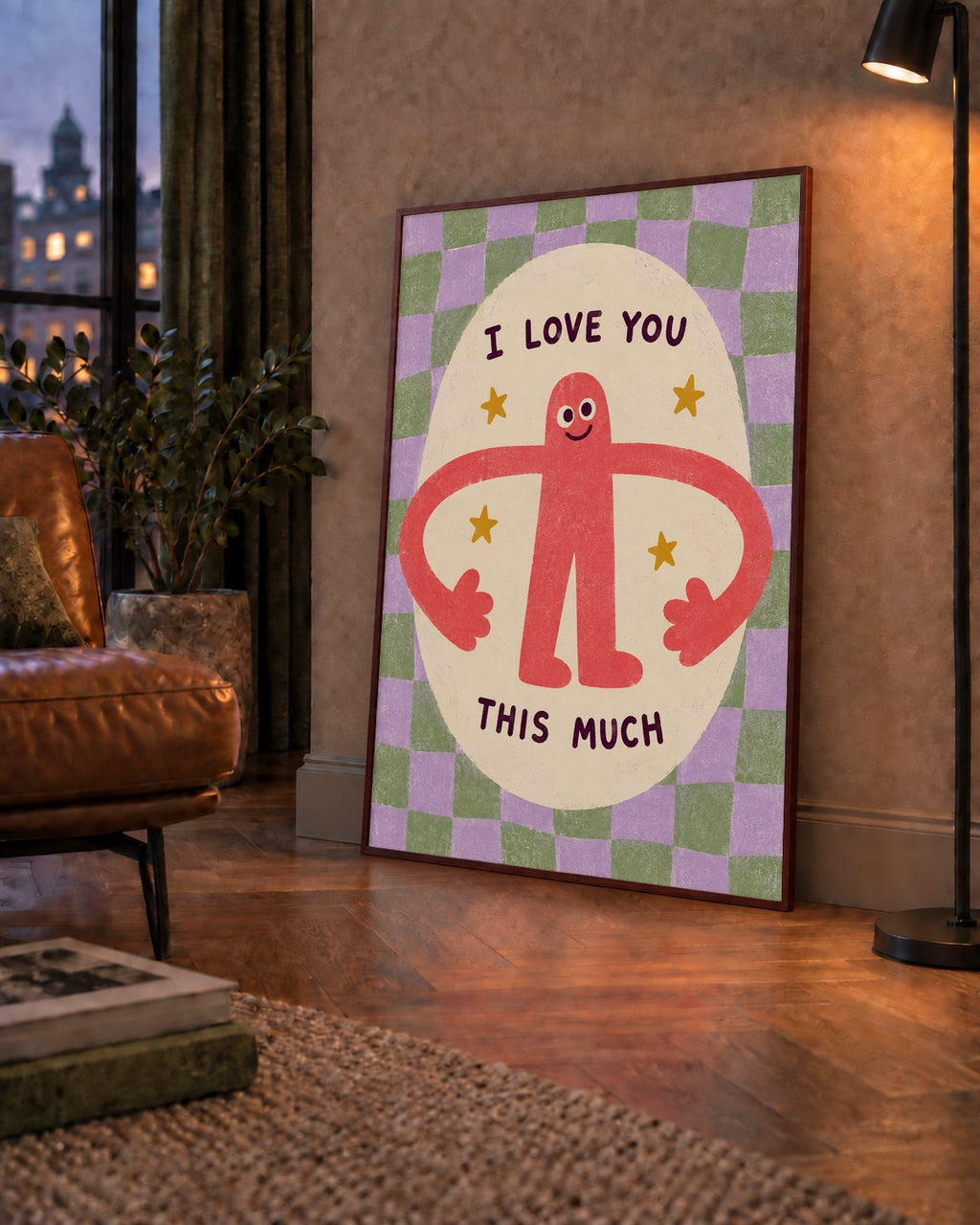 Sevimli Karakterli 'I Love You This Much' Pastel Poster — çerçeveli hâliyle bir ev duvarında