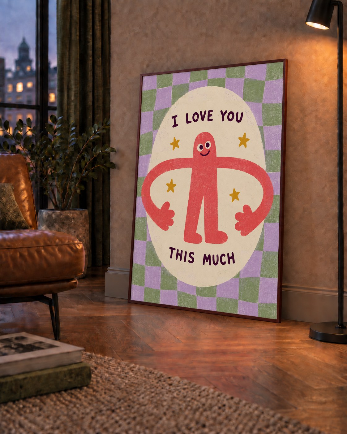 Sevimli Karakterli 'I Love You This Much' Pastel Poster — çerçeveli hâliyle bir ev duvarında