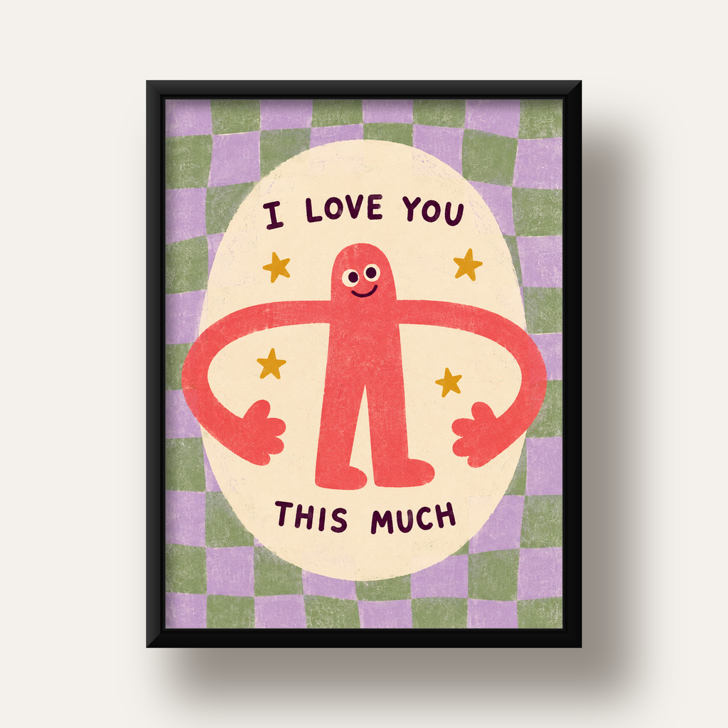 Sevimli Karakterli 'I Love You This Much' Pastel Poster — siyah derin çerçeveli