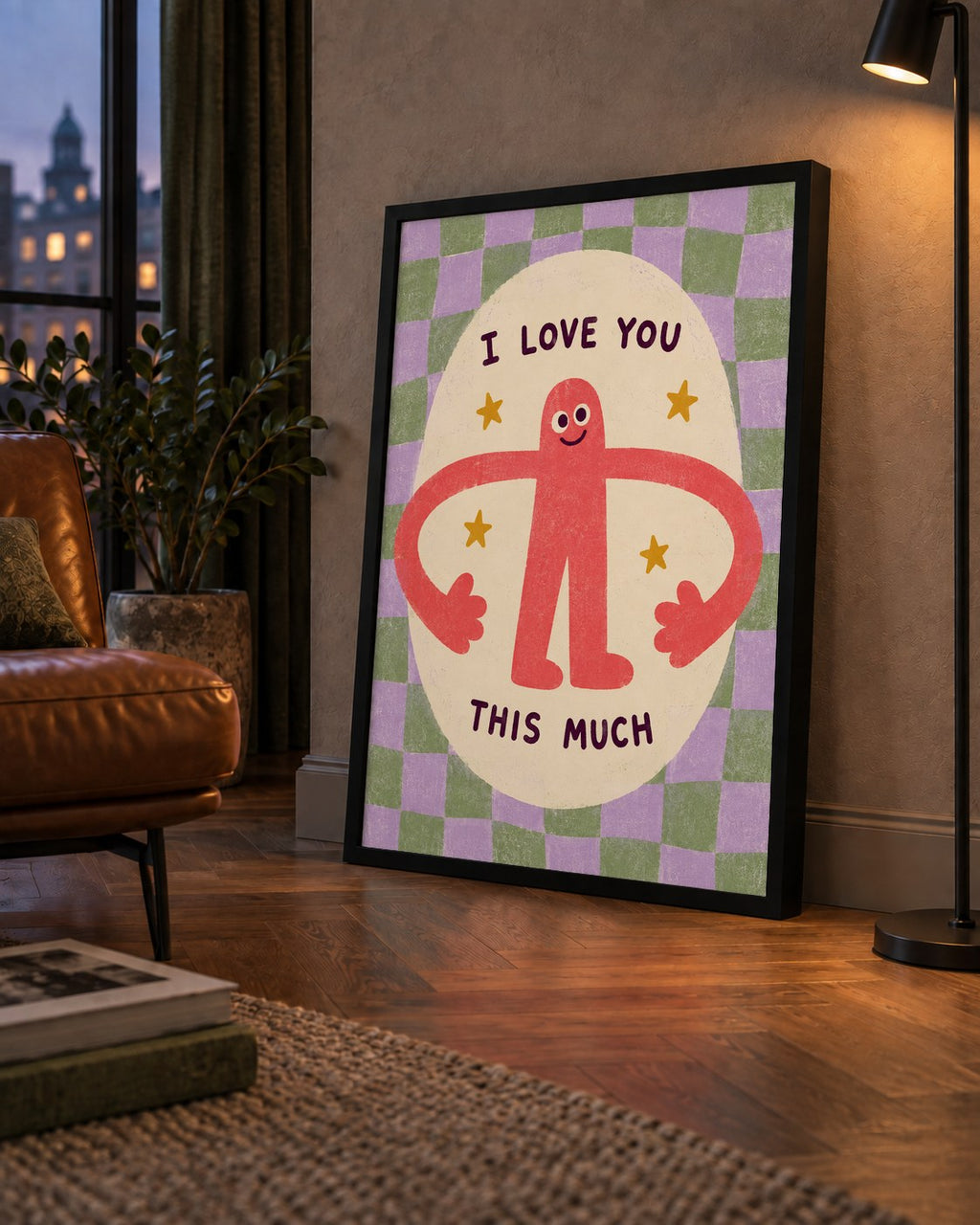 Sevimli Karakterli 'I Love You This Much' Pastel Poster — çerçeveli hâliyle bir ev duvarında